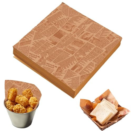 100 Blätter Backpapier Bedruckt - Burger Papier und Zeitung, Butterpapier, Fingerfood Zubehör, Banderole Papier, Backpapier mit Motiven (20 x 20 cm)