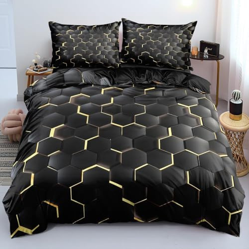 Luowei 3D Bettwäsche 135x200cm Schwarz Gold Waben Gitter Bettwäsche Set Mode Geometrie Hexagon Mikrofaser Bettbezug mit Reißverschluss und Kissenbezüge 80x80cm