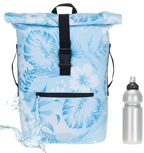 Rucksack Herren Plane Time Bag Kurierrucksack Roll-Top Fahrradrucksack Sport Fitness Damen 23 Liter A4 12821 + Flasche (12818 Blue Flower (2))
