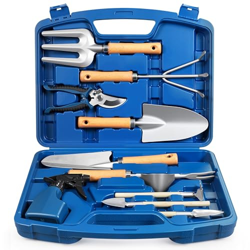 Grenebo Gardening Tools, Heavy Duty Gardening Hand Tools with Fashion and Durable Garden Tools Organizer Handbag, Garden Hand Tools with Carrying Case Gardening Gifts for Women (Blue）