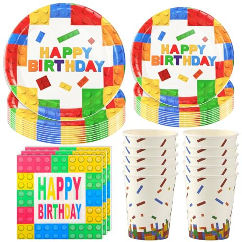 Hmfmdy Stoviglie per Feste a Tema Mattoncini da Costruzione, 50 Pezzi Decorazioni per Feste, Stoviglie Feste per Compleanno a Tema Mattoncini con Piatti, Bicchieri e Tovaglioli di Carta - 10 Ospiti