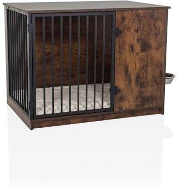 hjh LIVING Hundebox für Zuhause, 80 x 55 x 60 cm PAWHOME S Hundekäfig inkl. Edelstahlnäpfe, Hundehaus mit Tür bis 30 kg belastbar, Braun