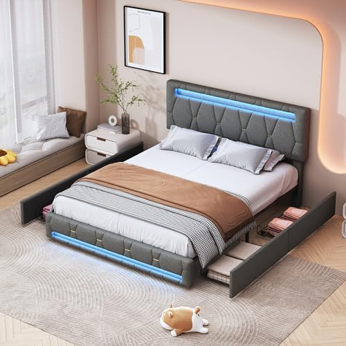 FEEOHOME Polsterbett 140 x 200 cm, Schubladenbett mit 4 Schubladen, Jugendbett Bett mit Lattenrost, Bettgestell für Erwachsene, verstellbares Kopfteil mit LED