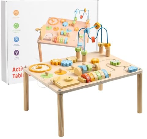 Aktivitätstisch für Babys | Zug auf dem Tisch – Lernspiel aus Holz mit Perlenlabyrinth und spielerischem Formensortierer für Mädchen