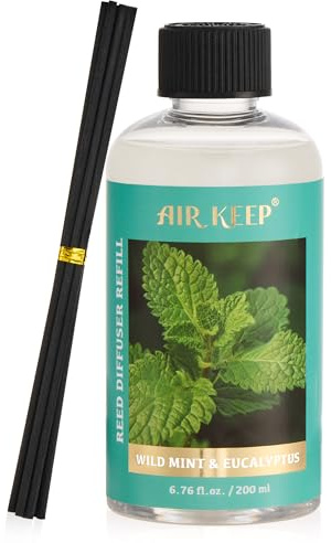 Airkeep Raumduft Nachfüller 200ml mit Duftstäbchen - Wild Mint & Eucalyptus Nachfüllflasche für Stäbchen Diffuser - Langanhaltender Lufterfrischer für Zuhause, Bad und Wohnung