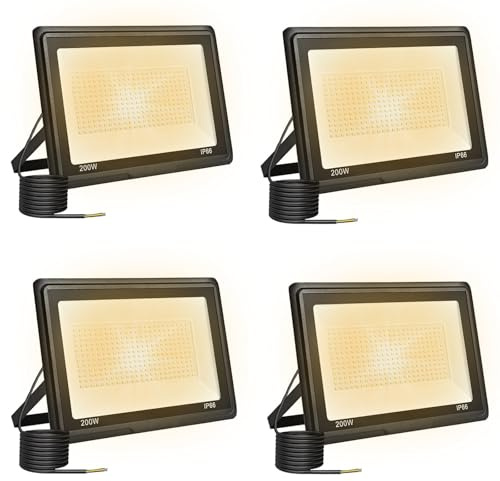 4PCS 200W LED Strahler Außen, 3000K Warmweiß 20000LM IP66 Flutlicht | Außenfluter 120° Breitem, Aluminiumgehäuse,50000h Lebensdauer, LED Fluter für Außenbereiche Innenhof Garten Garage Hotel