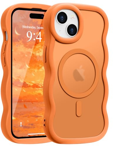 Pepmune Magnetic for iPhone 15 Case Translucent Matte Orange | Compatible with Magsafe,Cute Curly Wave Frame Phone Case,Soft TPU Bumper Slim Fit Shockproof Protective Cover for Men-Orange