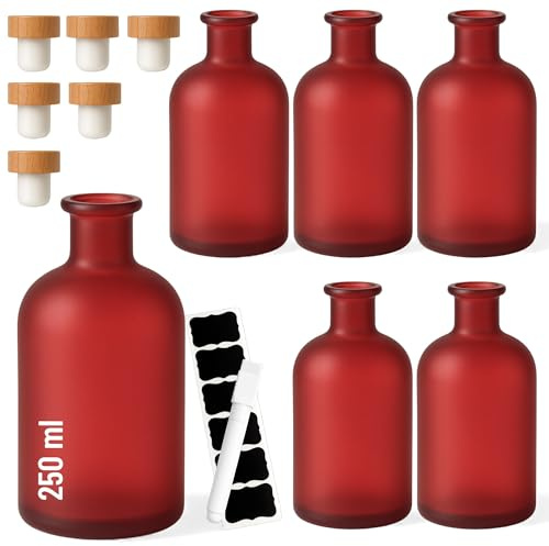 gouveo 6er Set 250 ml Apothekerflasche Rot-Matt mit Korkverschluss - Runde Glasflasche - Hochwertiges, Mattes Glas für Deko, Kosmetik, Likör, Essenzen, Öl (AFR250RMHGK)