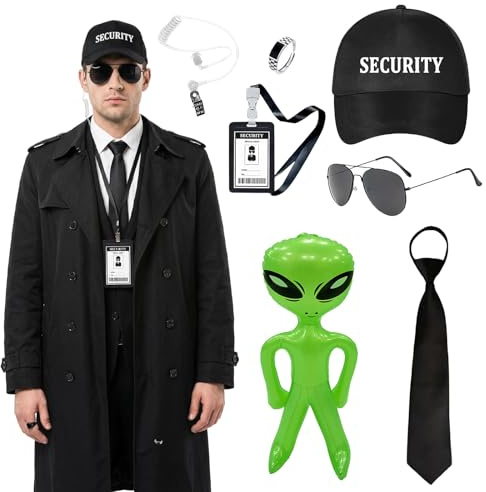 Atomvia 7-teilig Men in Black Kostüm, Security Agent Kostüm Zubehör mit Sonnenbrille Krawatte Ohrschlauch Ring Ausweis Lanyard Baseballkappe & grünes Deko-Accessoire für Erwachsene Halloween Karneval