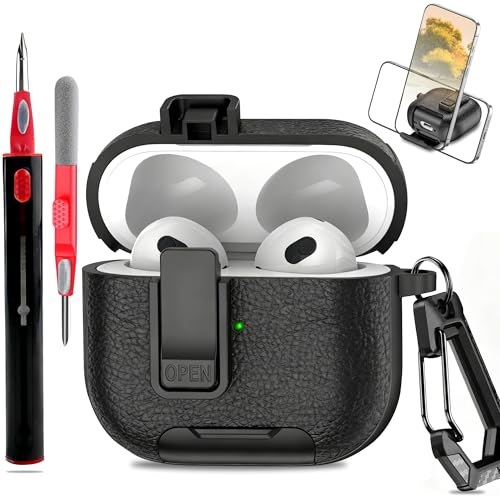 Compatible with AirPods 3 Case (2021) with Lock Phone Holder Function AirPods 3rd Generation Protection Cover for Women and Men with Carabiner & Cleaner Kit (Black)