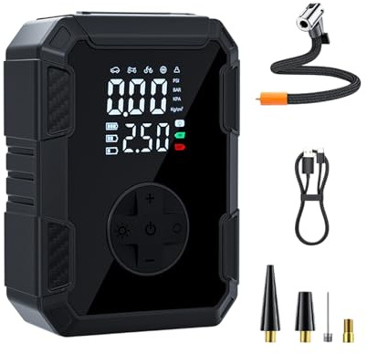Gonfleur de pneu portable – Pompe à air de voiture 12 V avec manomètre numérique, lumières LED, compresseur automatique d'urgence compact | Pratique pour berline automobile vélo moto balles de sport j