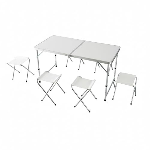 Relaxdays Campingtisch, 4 Sitzhocker, klappbar, höhenverstellbar, weiß | mit Tragegriff, Aluminium, MDF, Gartentisch