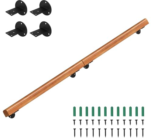 Peviasot Handlauf Holz, 200cm Kiefernholz Geländer Wandhandlauf Wand Treppe, Rutschfester Holzhandlauf Treppengeländer mit Wandhalterungen Montagematerial, Hell Nussbaum
