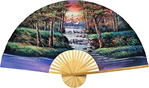 Forest Landscape Giant Folding Wall Fan Hand-painted Decorative Wall Decor Art, Handmade Nature Themed Original Acrylic Painting on a Natural Bamboo Frame for Peaceful, Calming Feng Shui Home (40 inch