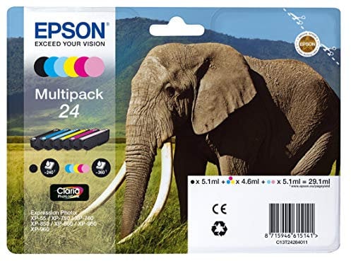 Epson Original T2428 Elefant, Claria Photo HD Tinte (hochauflösende Fotodrucke, Multipack 6-farbig) (CYMK + Light cyan, Light magenta), Schwarz, Cyan, Light Cyan, Magenta, Light Magenta, Gelb