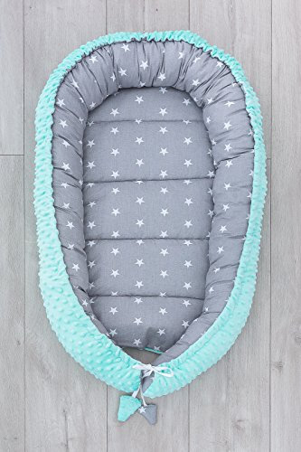 LOOLAY® 2seitig Kokon für Neugeborene Plüsch MINKY Nestchen Babynestchen Babykokon Kuschelbett Baby-Reisebett Babybett für Babys Säuglinge (Sternchen grau/MINKY minze)