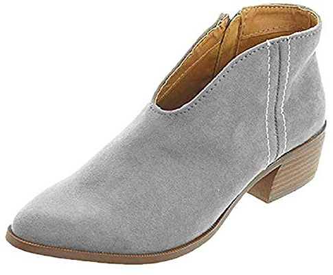 Ladies Leather Low Heel Boots Zip Chunky Heel Pumps Shoes Western Chelsea Ankle Boots Grey 6 UK
