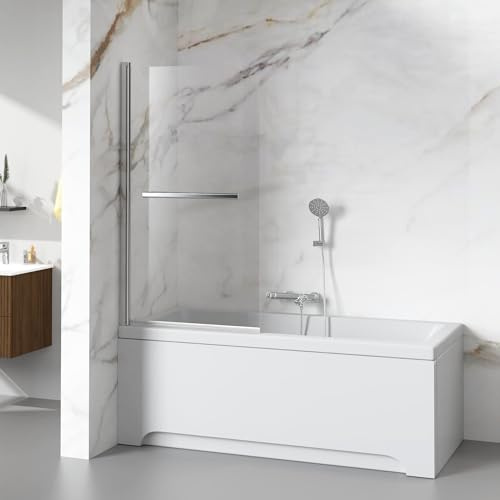 Goodyo Bathtub Shower Door 32 x 55 Frameless Hinged Shower Screen for tub with Towel Bar Handle 180 Pivot Degree, Reversible, Chrome Finish