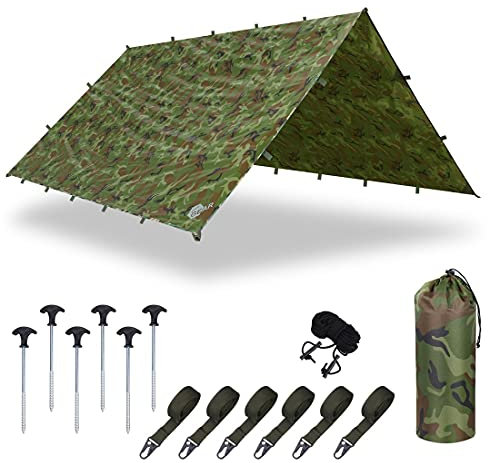 Yourgear Bushcraft Tarp 300x300 ou 430x430 cm – Bâche de Protection Camouflage pour Tente, Voile d'ombrage, Filet de Camouflage – Protection UV 50+, extrêmement Robuste et entièrement étanche [3x3]