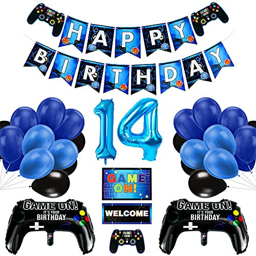 14. Geburtstag Junge, Gaming Dekoration Luftballons, Controller-Ballons und blau-schwarze Ballons, HAPPY BIRTHDAY GAMEN ON WELCOME Banner Videospiel Party Dekoration für Kinder