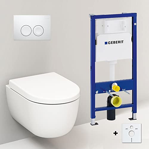 Spülrandloses Hänge Wc mit Spülkasten 49cm I Wand WC ohne Spülrand mit Geberit UP100 Vorwandelement und Delta21 Betätigungsplatte I Randloses Hänge WC Komplettset Weiß Matt