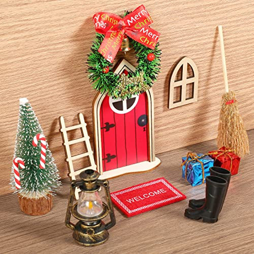 Porta Elfo Natale,11 Pezzi Kit Elfo Natale Miniature Decorazione Casetta Elfo Natale Apribile in Legno,Porta dell Elfo di Natale Decorazioni per Natalizie,Mini Albero di Natale,Regali per Bambini