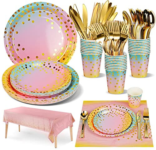 Nkaiso 141pcs Pastel Arc en Ciel Party Vaisselle,Kit Vaisselles Anniversaire Assiette Dîner Papier Tasse Serviette Réutilisable couverts, Enfants Party Fête Mariages Noël, 20 invités