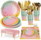 Nkaiso 141pcs Pastel Arc en Ciel Party Vaisselle,Kit Vaisselles Anniversaire Assiette Dîner Papier Tasse Serviette Réutilisable couverts, Enfants Party Fête Mariages Noël, 20 invités
