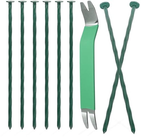 Bakulyor Paquete de 50 estacas de metal para paisaje, clavos de césped artificial de 8 pulgadas, grapas grandes de paisajismo de calibre 6, estaca de anclaje de borde verde para jardín, suelo,