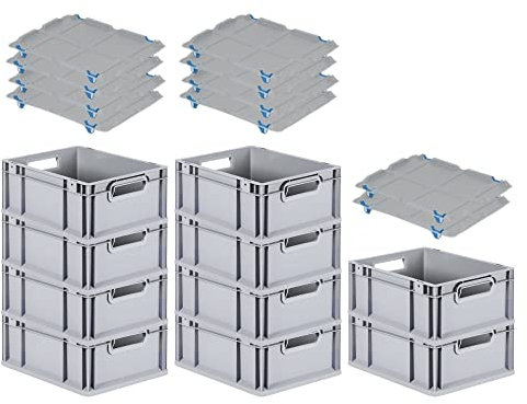 PROREGAL SuperSparSet 10x Eurobox NextGen Grip mit Auflagedeckel & 4 blauen Schiebeschnappverschlüssen, HxBxT 17x30x40cm, 16 L, Grau, Griffe offen, Eurobehälter, Transportbox