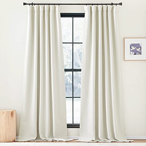 PONY DANCE Verdunklungsvorhänge Kräuselband Leinenoptik Gardinen im Landhausstil 2er Set H 220 x B 140 cm Verdunkelnde Vorhänge für Schienensystem Linen Curtains for Living Room, Elfenbeinweiß