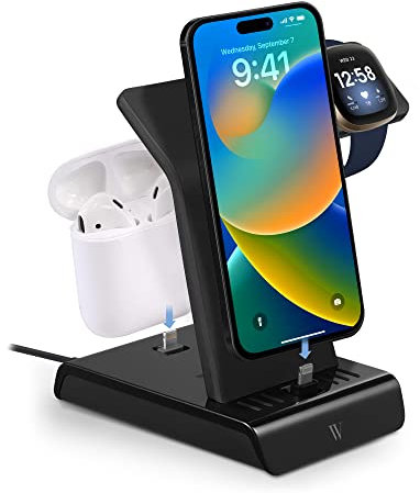 Wasserstein 3-in-1 Charging Station for iPhone, Airpods, and Fitbit - Made for Fitbit Certified - Charge Multiple Apple Devices with This iPhone Charging Station (Black)