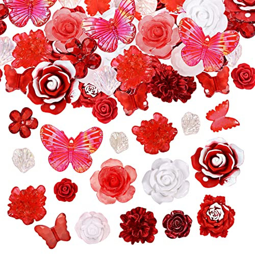BEEFLYING Cabochon résine Plat Breloques en résine de Fleurs Bricolage Cabochons Résine Fleurs pour la Fabrication de Bijoux, Le Scrapbooking, la décoration de Coques de téléphone, Rouge