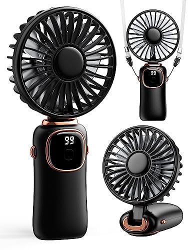 coldSky Portable Handheld Fan, 4000mAh Battery Operated 3 in 1 Multifunction Personal Travel Fan with Digital Display, 90° Foldable Desk Fan with Base, 5 Speed Lash Fan for Makeup/Office (Black)
