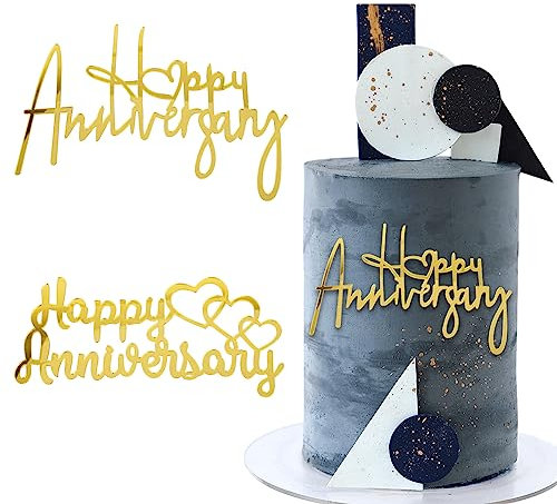 BETESSIN 2Pcs Happy Anniversary Cake Topper Acryl Kuchen Deko Gold Jahrestag Hochzeit Torten Dekoration Tortenaufsatz für Jubiläum Party Feier