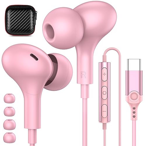 USB C Headphones for iPhone 16 15 Plus/Galaxy S25 Wired Earbuds with Microphone for Samsung S24 S23 S22 S21 S20 FE Ultra, Noise Canceling Magnetic in-Ear Type C Earpones for iPad 10th/Pixel 8a, Pink