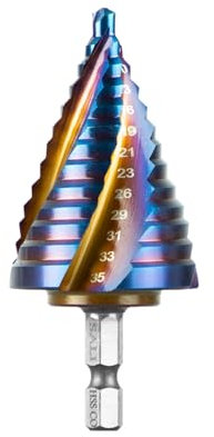 SALI M35 HSS Step Drill Bit 5-35 mm Four Spiral Flute Cobalt Step Drill 1/4 Hex Shank Quick Change Design High Speed Steel Step Drill Bit for Metal, Stainless Steel, Aluminum, Wood, Plastic