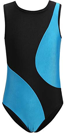 HEARTTOUCH Kinder Turnanzug Mädchen Gymnastikanzug Turnbody Kurz/Lang Ärmel Gymnastik Trikot Leotard Klassisch Ballettanzug Dancewear (A Blau+Schwarz,140)