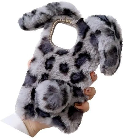 Miagon Furry Bunny Case for iPhone 8/7/SE 2020/2022,Leopard Cover Girls Women's Super Soft Winter Warm Funny Rabbit Ear Faux Fur Hair Plush Fluffy Ball Cover