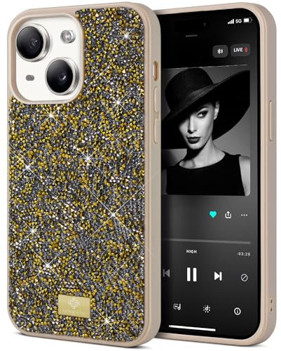BEZ Handyhülle für iPhone 13 Hülle Glitzer, iPhone 13 Hülle, Sparkle Diamond Crystal Bling Hülle mit Bling & Co. Serie Kompatibel für iPhone 13, Bernstein Gold