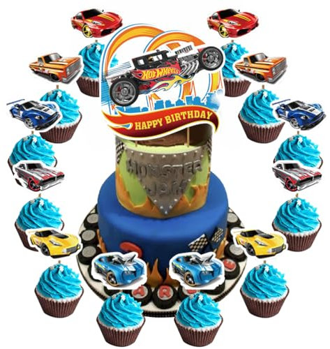 simyron Cars Tortendekoration 25 Stück Rennwagen Cake Topper Auto Kuchendekoration Happy Birthday Kuchen Dekoration Hot Thema Party Zubehör für Kinder Geburtstag Party Dekor