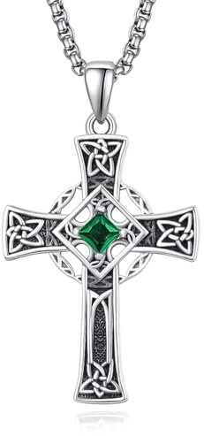 Keltisches Kreuz Anhänger Silber 925 Mai Geburtsstein Halskette Keltischer Knoten Kette mit Geburtsstein Kreuz Schmuck Geschenke für Herren