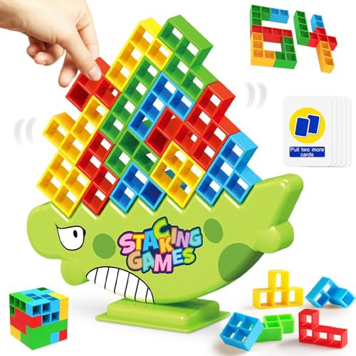 ENIKMOSD Tetra Tower Spiel,64Stück Tower Game für Kinder Erwachsene,Balance Tetris Spielzeug,Schaukelstapel Stapelspiel Stapelblöcke Balancing Spiel für Kinder Teenager