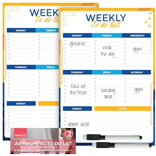 SOL 2pk A4 Magnetic To-do List with 2 Pens, Magnetic Weekly To-do List for Fridge Reusable Dry-Erase Board, Easy to Clean, Ideal for Meal Planning, Weekly Plan & Family Schedules, Organised Layout