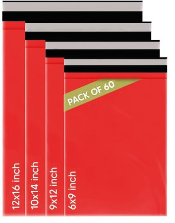 Venuscello® Versandtaschen für Kleidung, klein, groß, verschiedene Größen, selbstklebend, 4 Größen, 15 Stück, Rot, 60 Stück