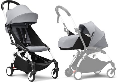 Stokke YOYO3 Kinderwagen mit Neugeborenen Set - Enthält weißem Rahmen, YOYO 6 + Textilset (Stone) & 0 + Neugeborenen Set (Stone)