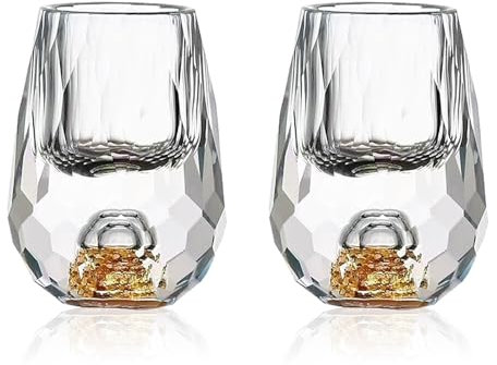 Soopiiso Crystal Glasses 15ml Decorated with 24k Gold Leaf Flakes Lead Free Gold Shot Glasses Tequila Shot Glasses (Pack of 2)