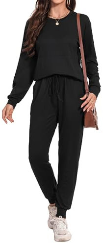 Irevial Ensembles de décontracté pour femmes tenues deux pièces vêtements de détente manches longues col rond ensemble pyjama et tenue de survêtement Noir，L