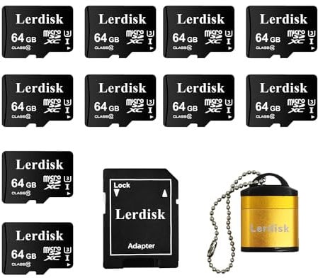 Lerdisk 10er-Pack Micro SD Karte 64GB U3 V30 A1 Class 10 | 4K Video für Drohnen, Dashcams & Android-Geräte | IP65 Wasserdicht (64GBX10)