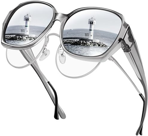 URUMQI Sonnenbrille für Brillenträger Damen Überzieh Sonnenbrille UV400 Schutz Blendschutz Polarisierte Fit over Brille Ultra Leicht Quadratisch Grau Rahmen